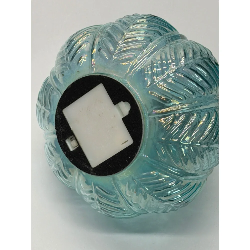 Iridescent Blue Glass Light Up Pumpkin Leaf Pattern Bronze Stem 7.5 inch Decor